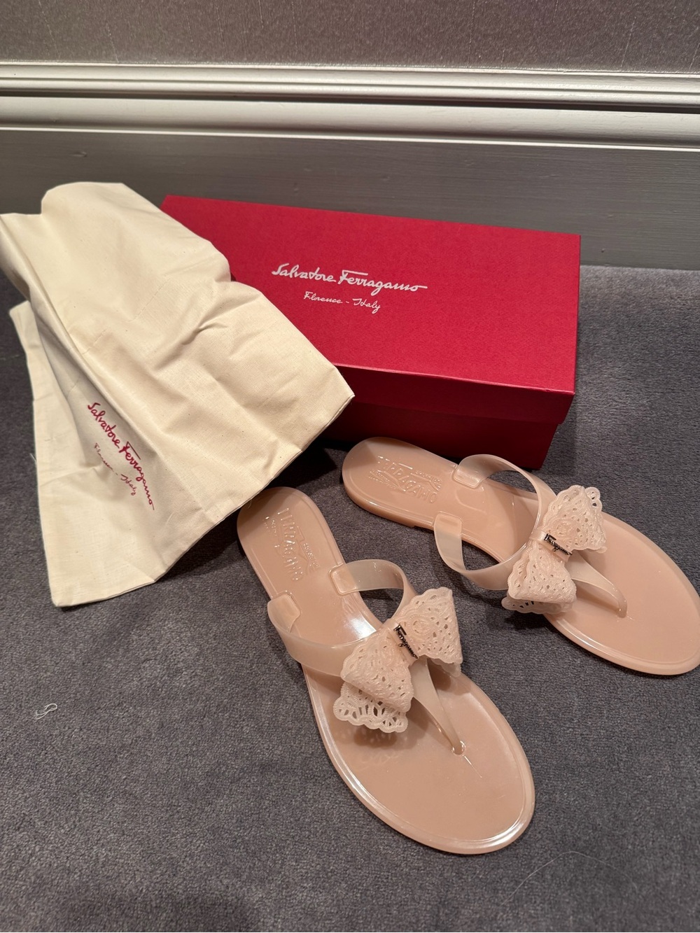 Salvatore Ferragamo “Pandy” Blush Bow Jelly Thong Sandals